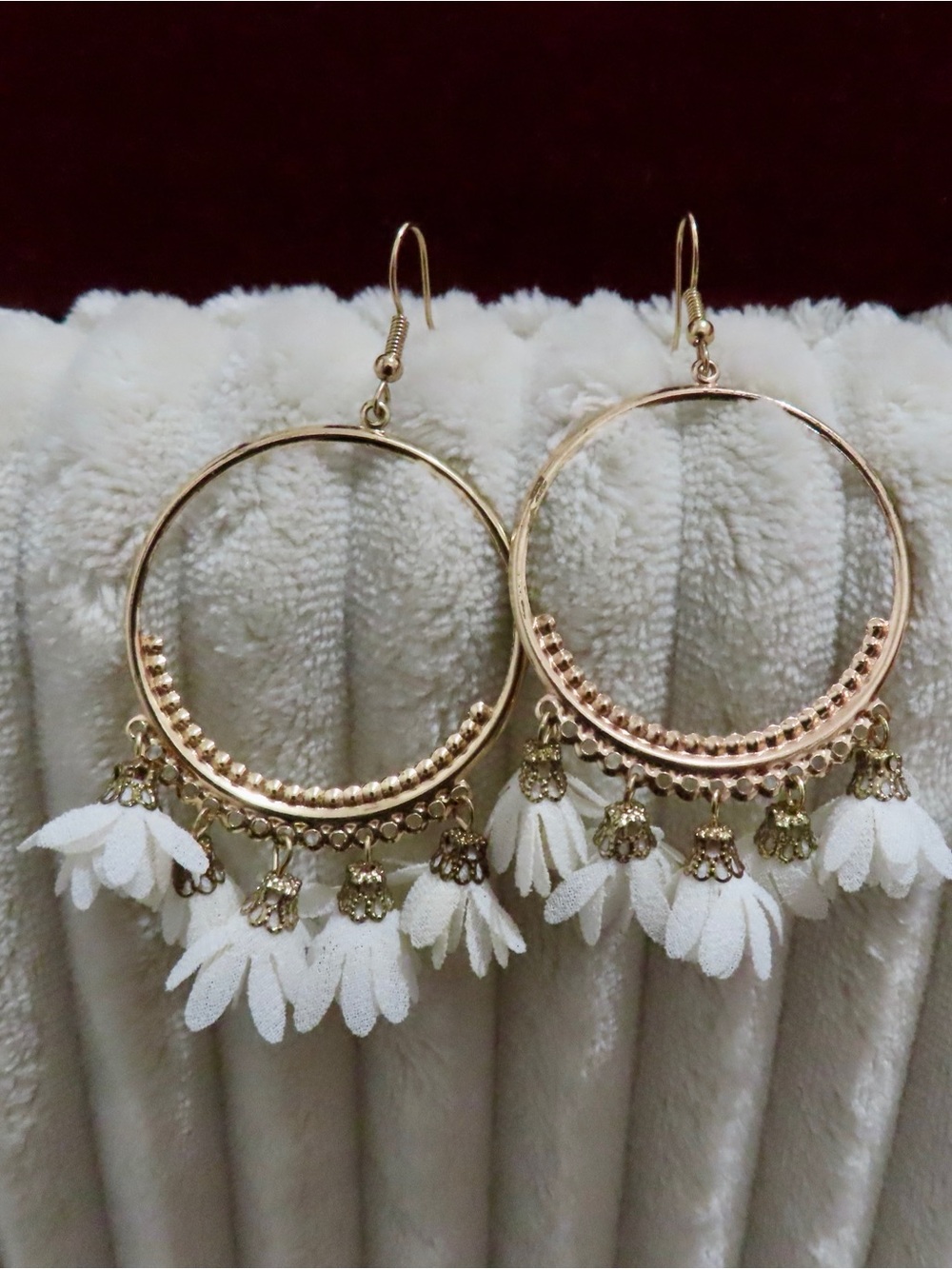 Gold Hoop Earrings with White Petal Charms - Women Jewelry